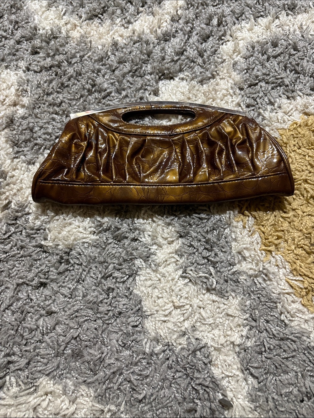 Leather-like Ruched Top-Handle Clutch in Brown